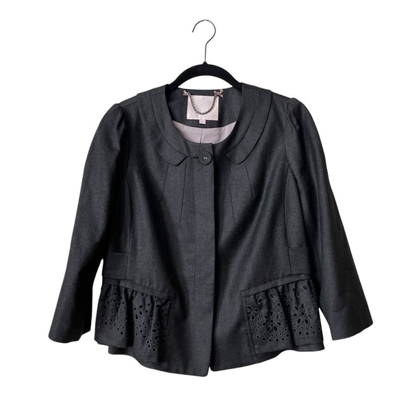 Rebecca Taylor Blazer Womens Size 8 Gray Wool Cropped Peplum Eyelet Stretch Work - Picture 2 of 6